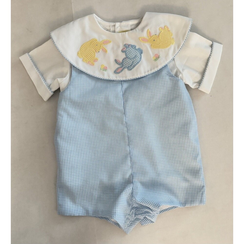 Vintage Ashton Connor Applique Easter Bunny Blue Gingham Romper Collar Boys 3 T